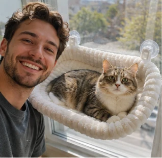 Cat sleeping in a fluffy linshen window hammock